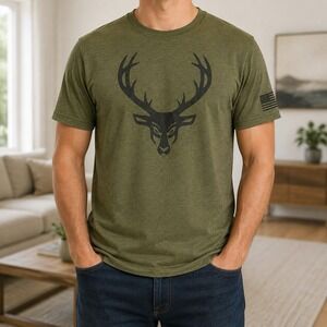 Bucked Up Shirt Mens L Green Deer Head Logo Hunting Graphic Tee Patriotic USA